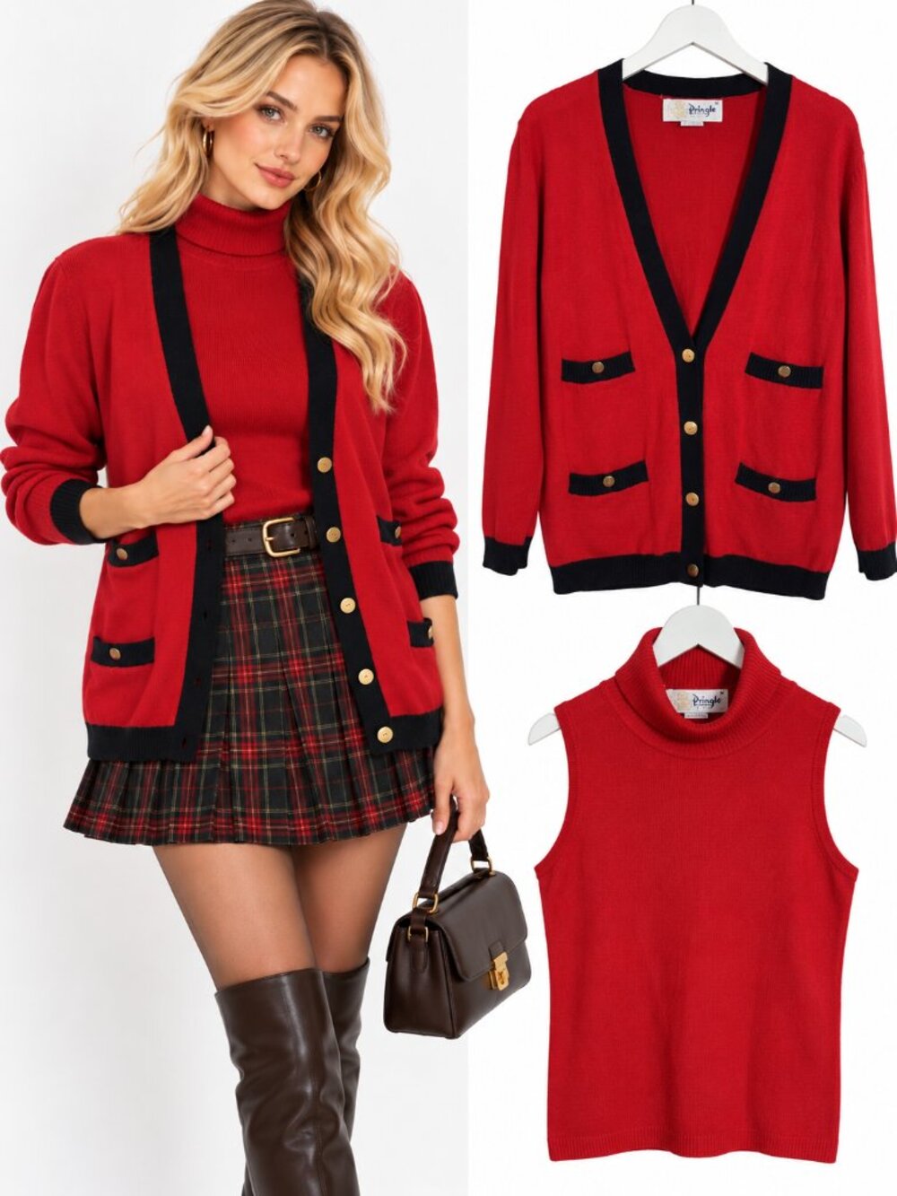 Pringle Scotland Vintage Cardigan Turtleneck Twinset Women's M Red Lambswool